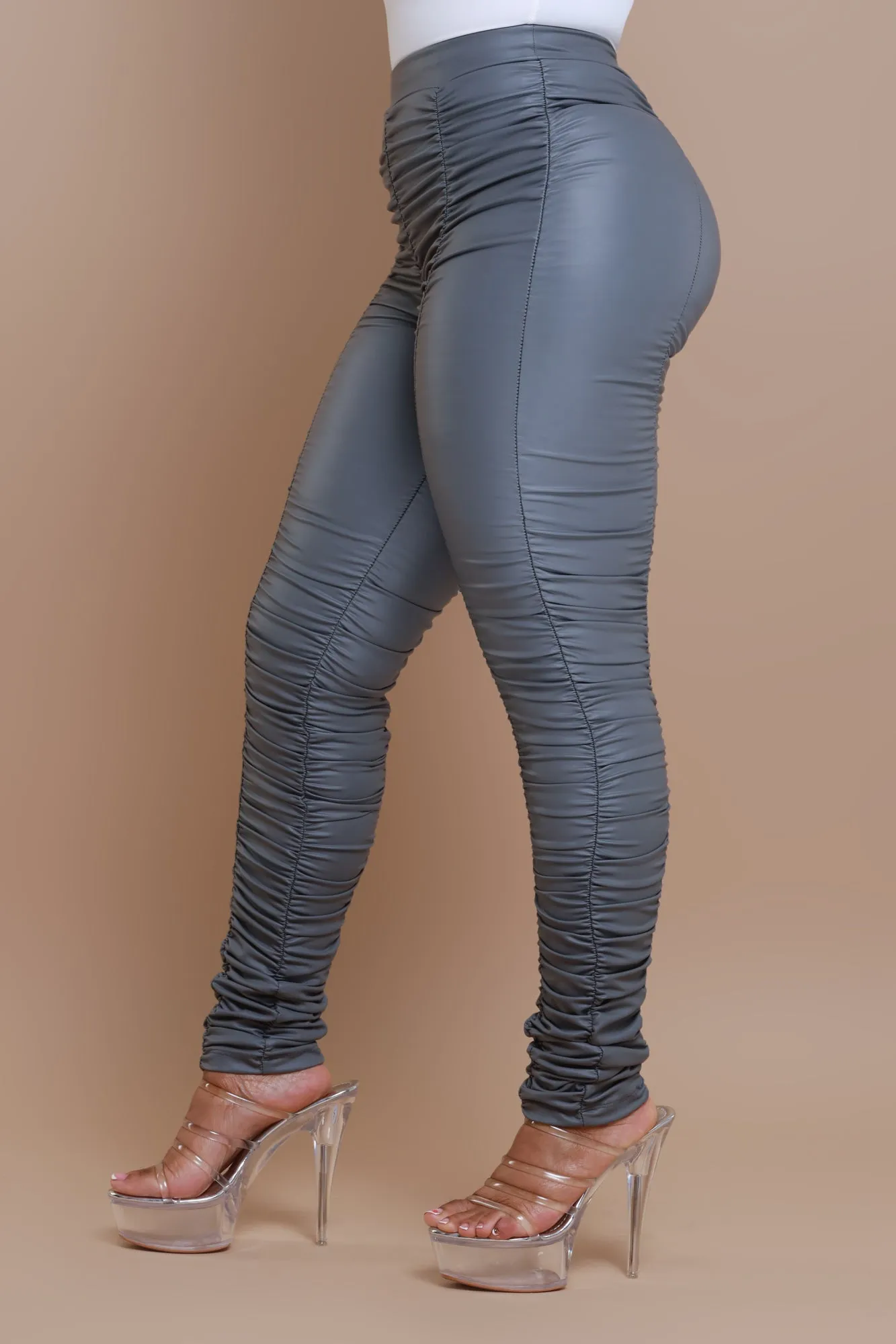 Be Honest Ruched High Waist Pants - Charcoal Gray Faux Leather Leggings