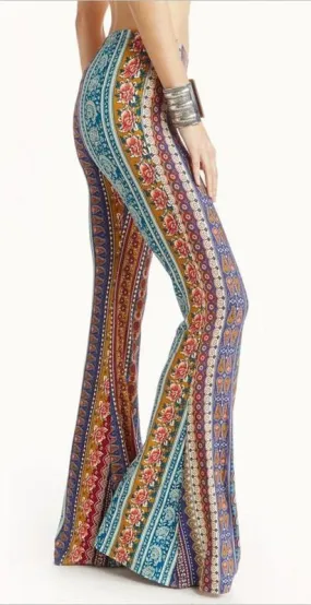 Bell Bottoms Bohemian Print Comfy Stretch Pants Groovy Colors Orange Teal Red Blue White Sizes Small Medium Large Or Extra Large