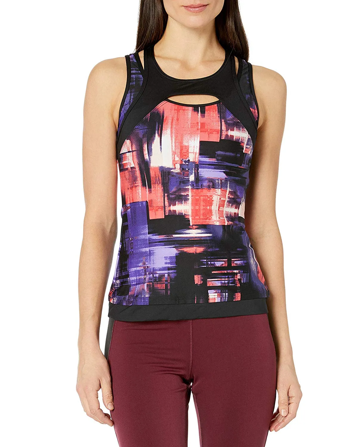 Calvin Klein Women's Printed Sporty Overlay Tankini Top, Purple, M