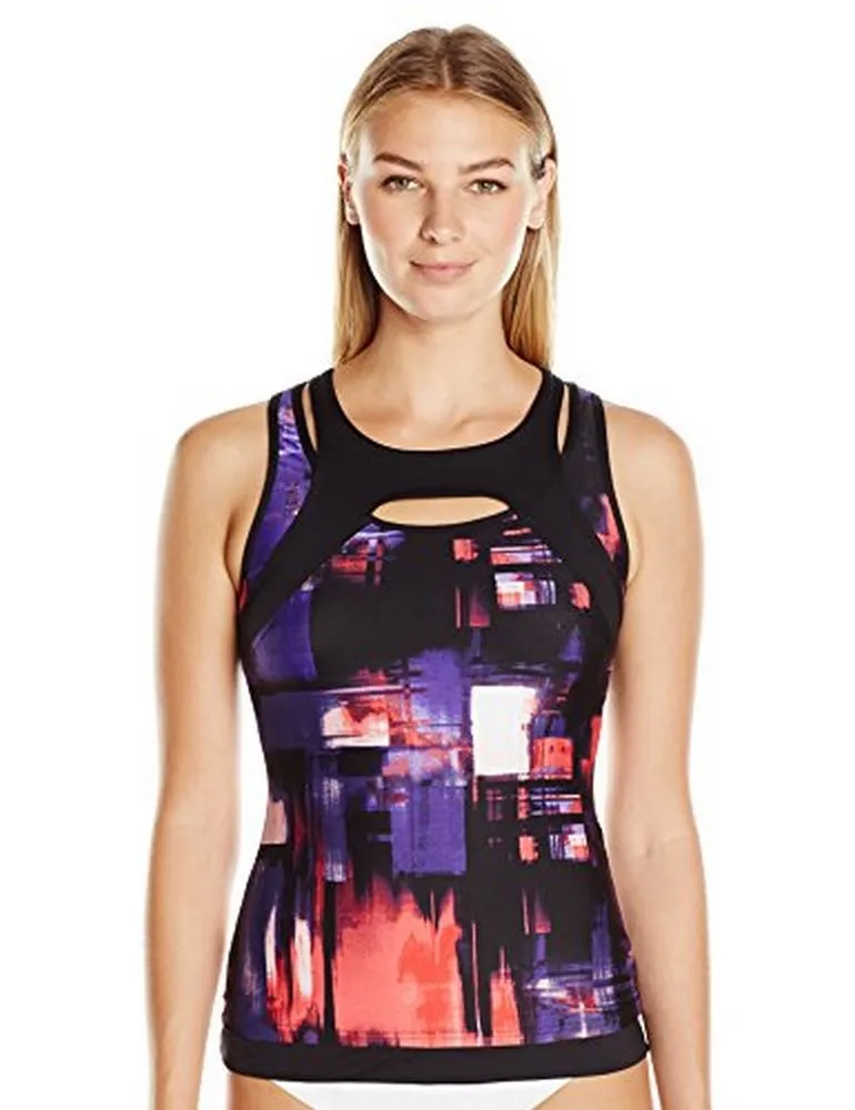 Calvin Klein Women's Printed Sporty Overlay Tankini Top, Purple, M