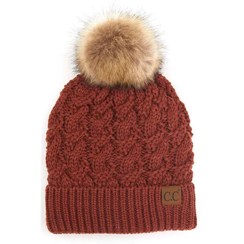 C.C Cable Ribbed Beanie Natural Plush Faux Fur Pom Pom Hat