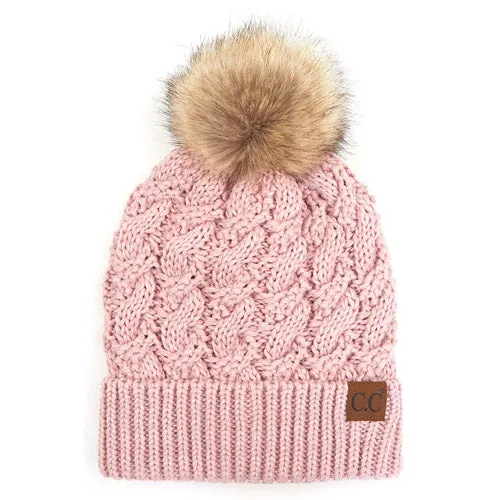 C.C Cable Ribbed Beanie Natural Plush Faux Fur Pom Pom Hat