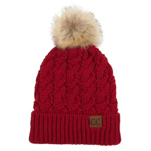 C.C Cable Ribbed Beanie Natural Plush Faux Fur Pom Pom Hat