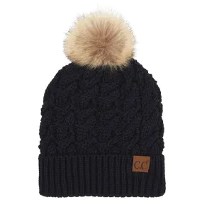 C.C Cable Ribbed Beanie Natural Plush Faux Fur Pom Pom Hat