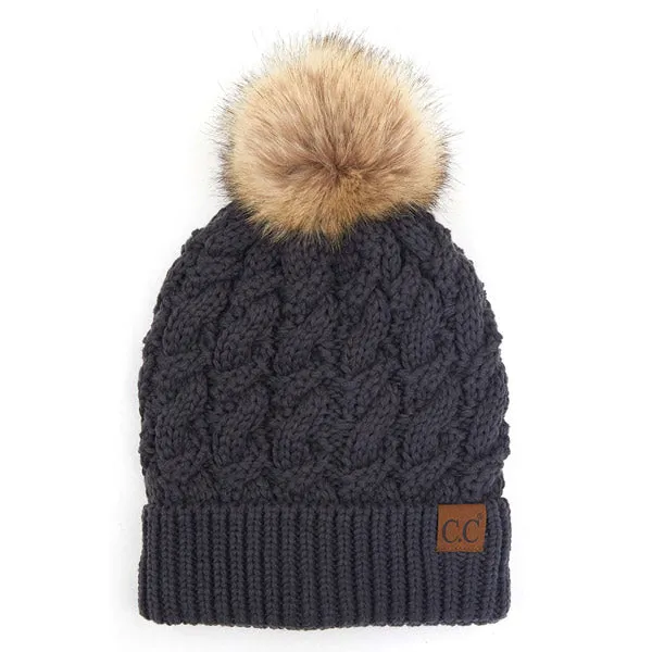 C.C Cable Ribbed Beanie Natural Plush Faux Fur Pom Pom Hat