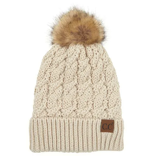 C.C Cable Ribbed Beanie Natural Plush Faux Fur Pom Pom Hat