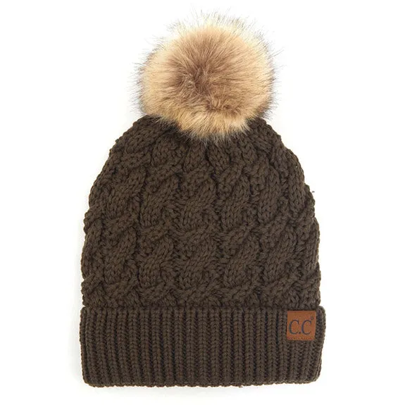 C.C Cable Ribbed Beanie Natural Plush Faux Fur Pom Pom Hat