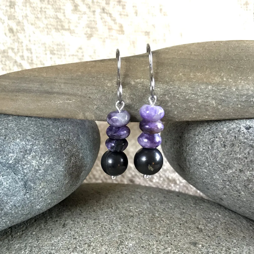 Charoite & Shungite Earrings, Protection, Courage, Transformation