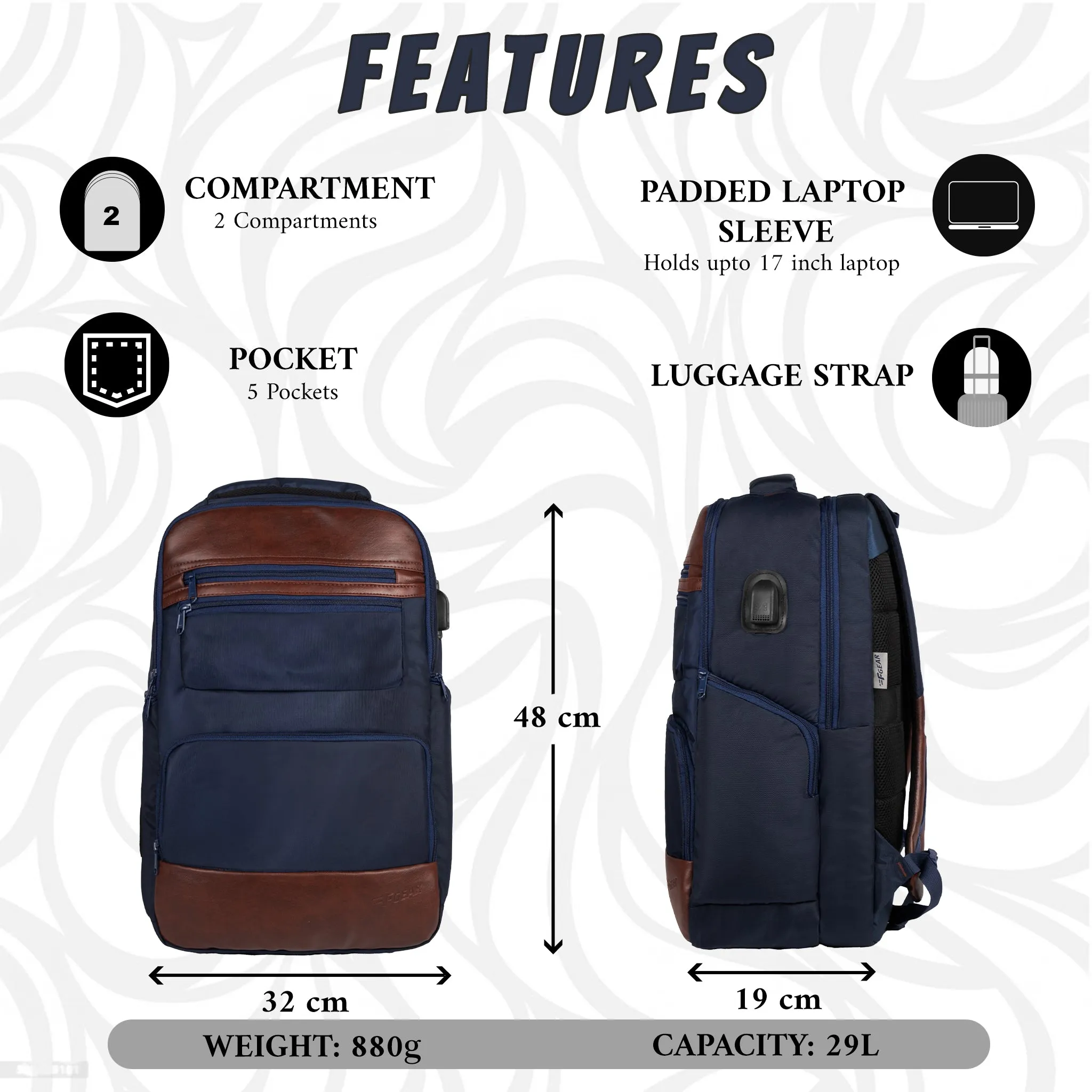 Equity 29L Blue Brown Laptop Backpack