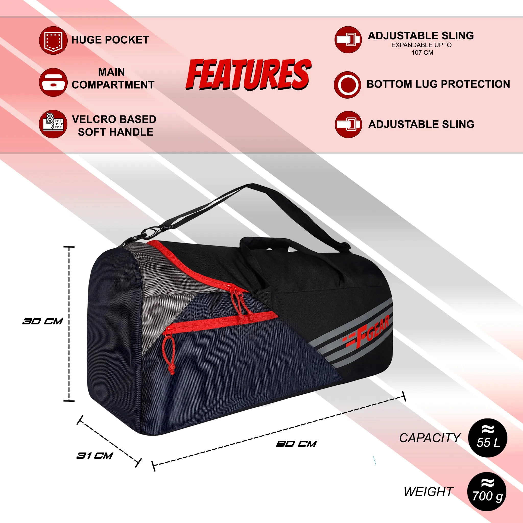 Explory V2 55L Blk Navy Red Duffel Travel Duffle