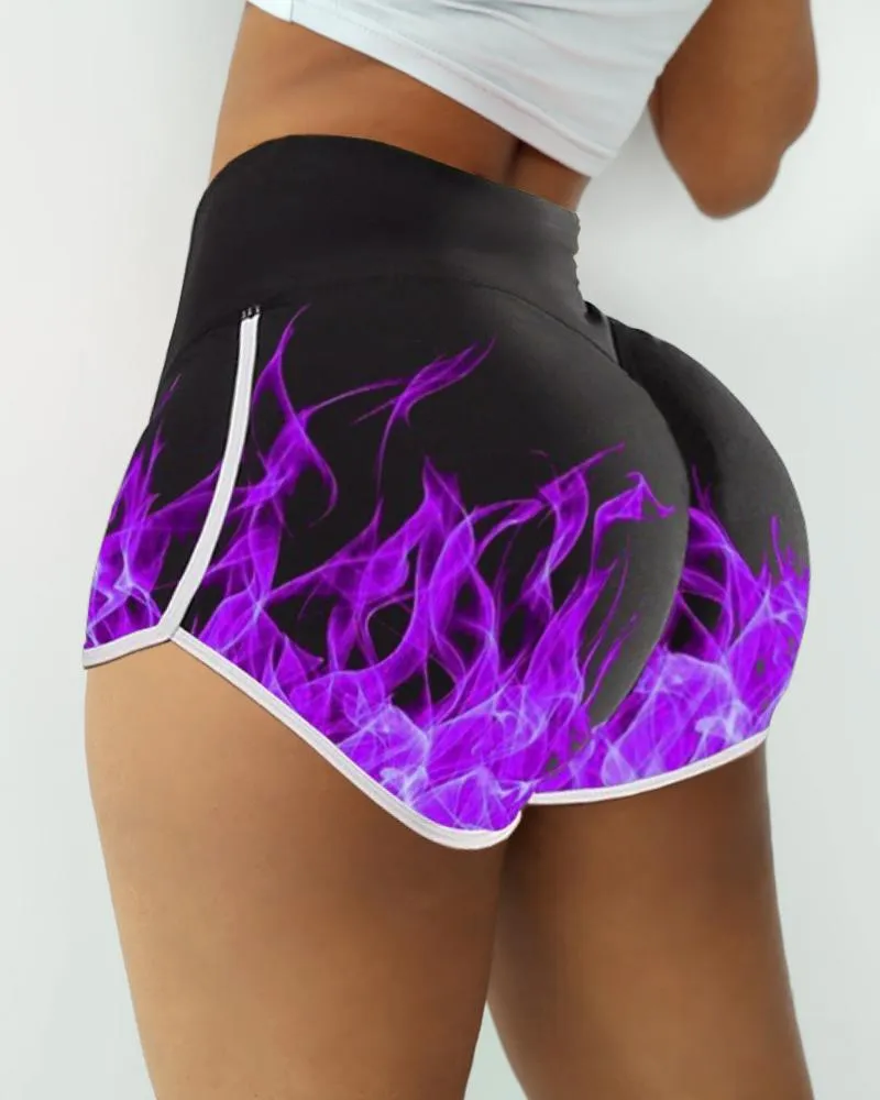 Flame Print Contrast Binding Yoga Shorts