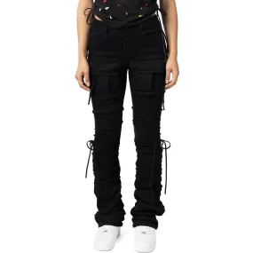 High Rise Strap Bootcut Twill Pants - Black