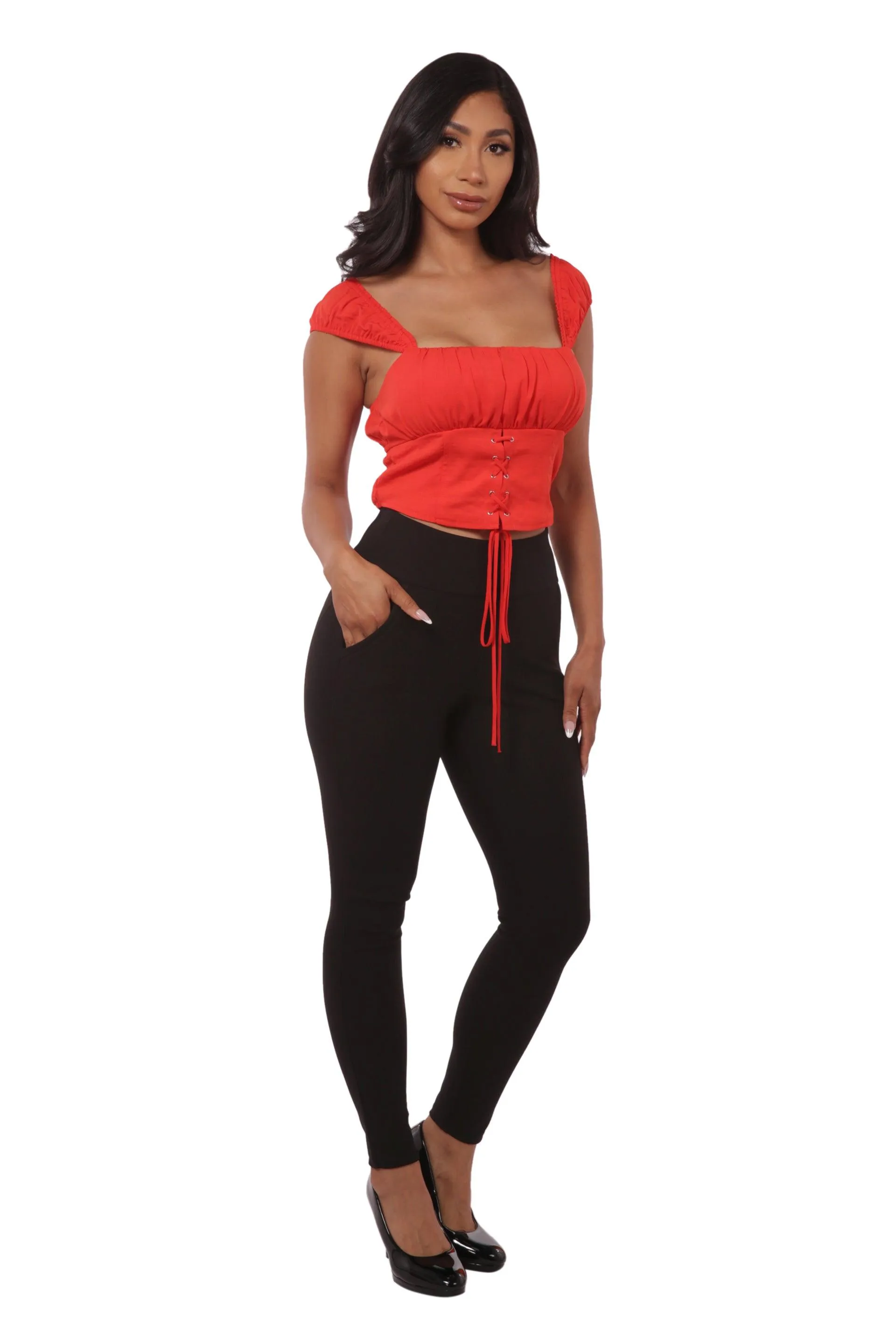 High Waist Ponte Sculpting Treggings With Pockets - Black