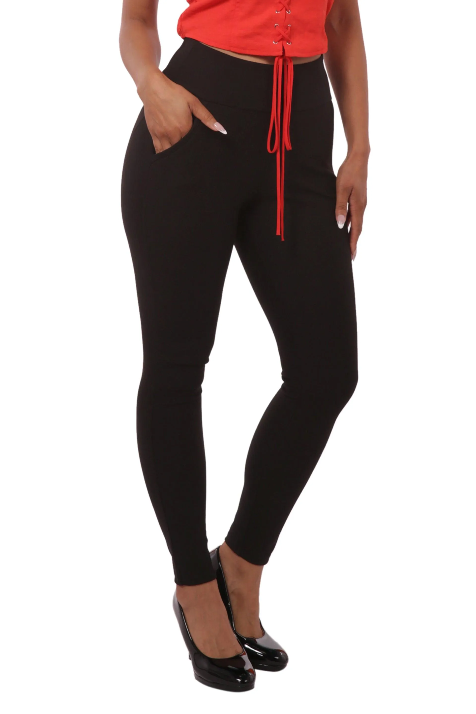 High Waist Ponte Sculpting Treggings With Pockets - Black