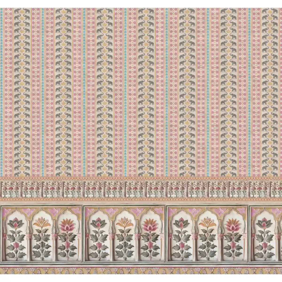 Kala Heritage Elegance: Intricate Indian Temple Art Wallpaper in Pink and Yellow