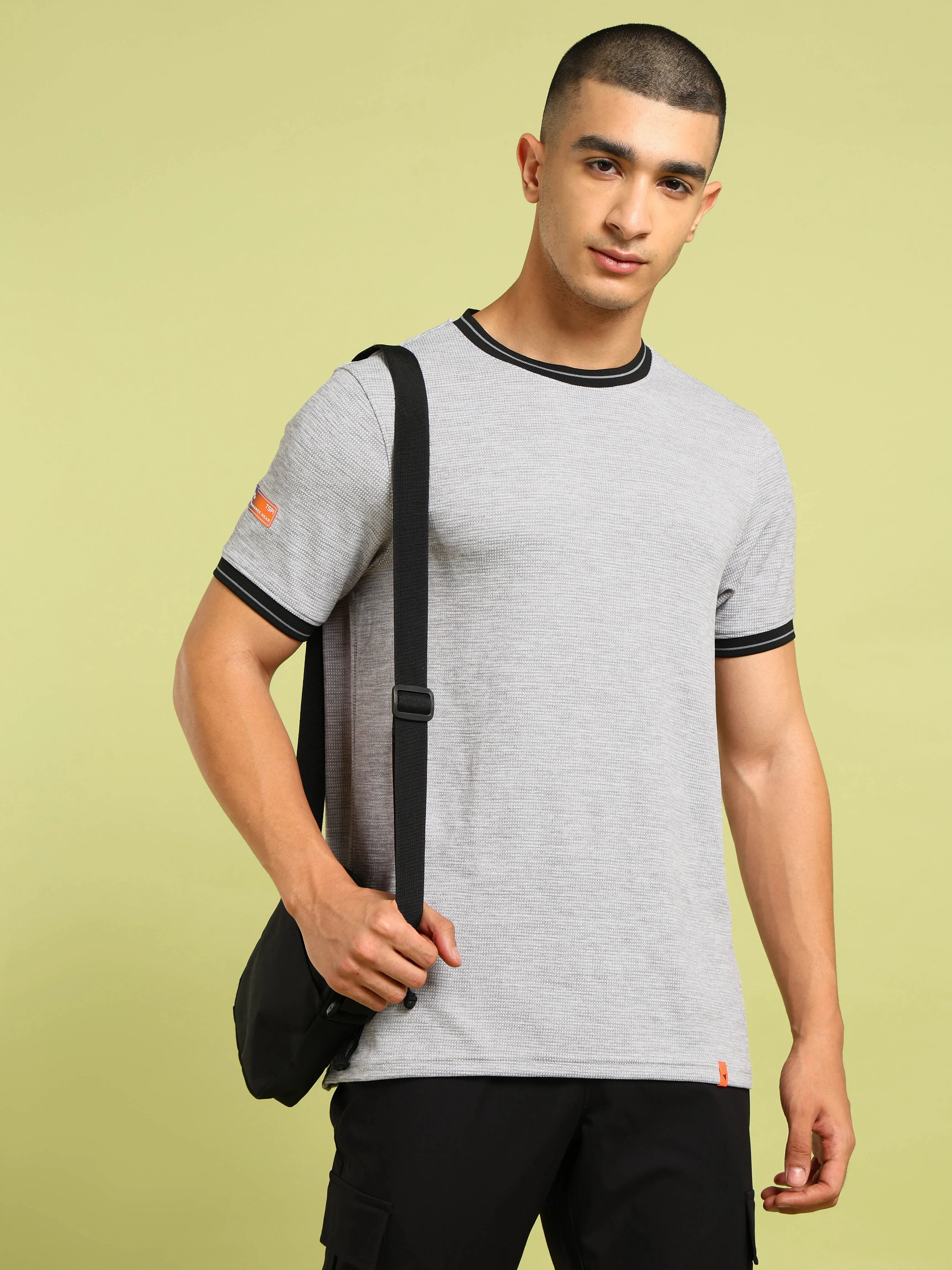 Men Cubic Melange Slim Fit Round Neck Sports T-shirt with DOUBLE COOL