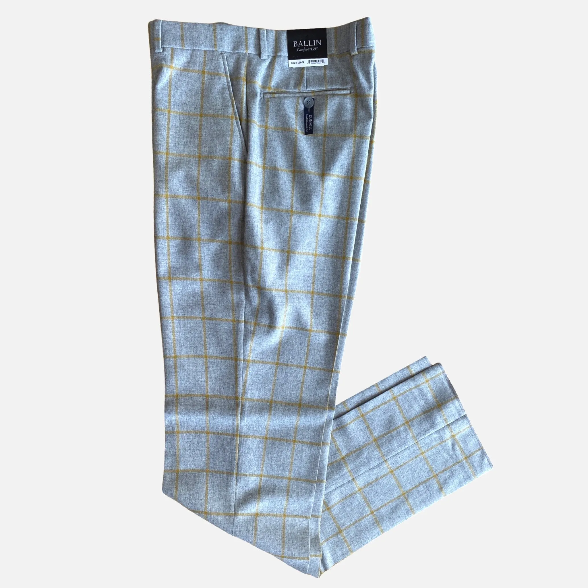 Mens Ballin Comfort 'EZE' Dress Pant - Gray with Gold Plaid - Flat Front, 95% Wool, 5% Cashmere