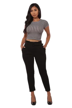 Paperbag Waist Knit Crepe Crop Pants With Buckle Belt - Black