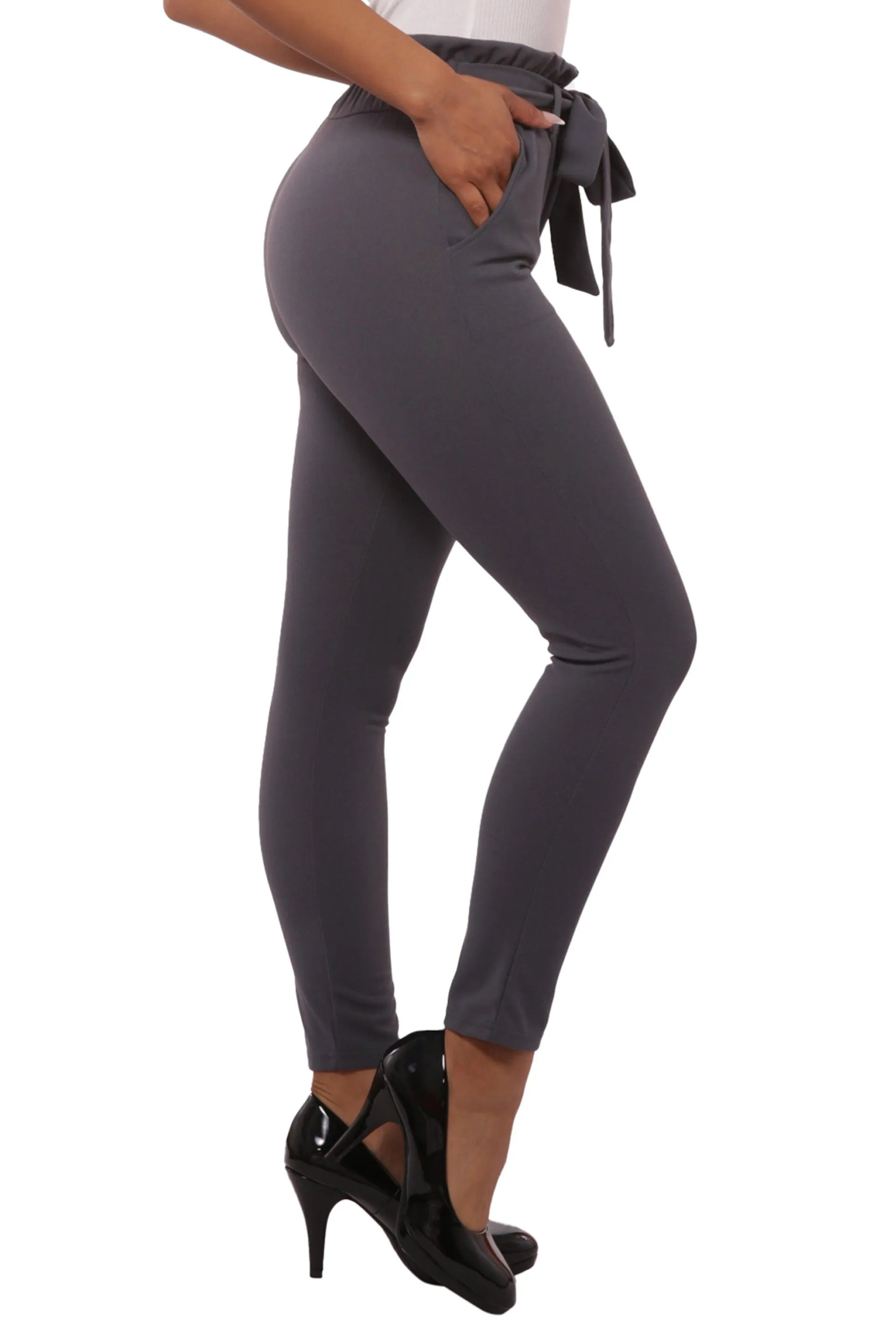 Paperbag Waist Slim Fit Pants With Self Tie - Charcoal