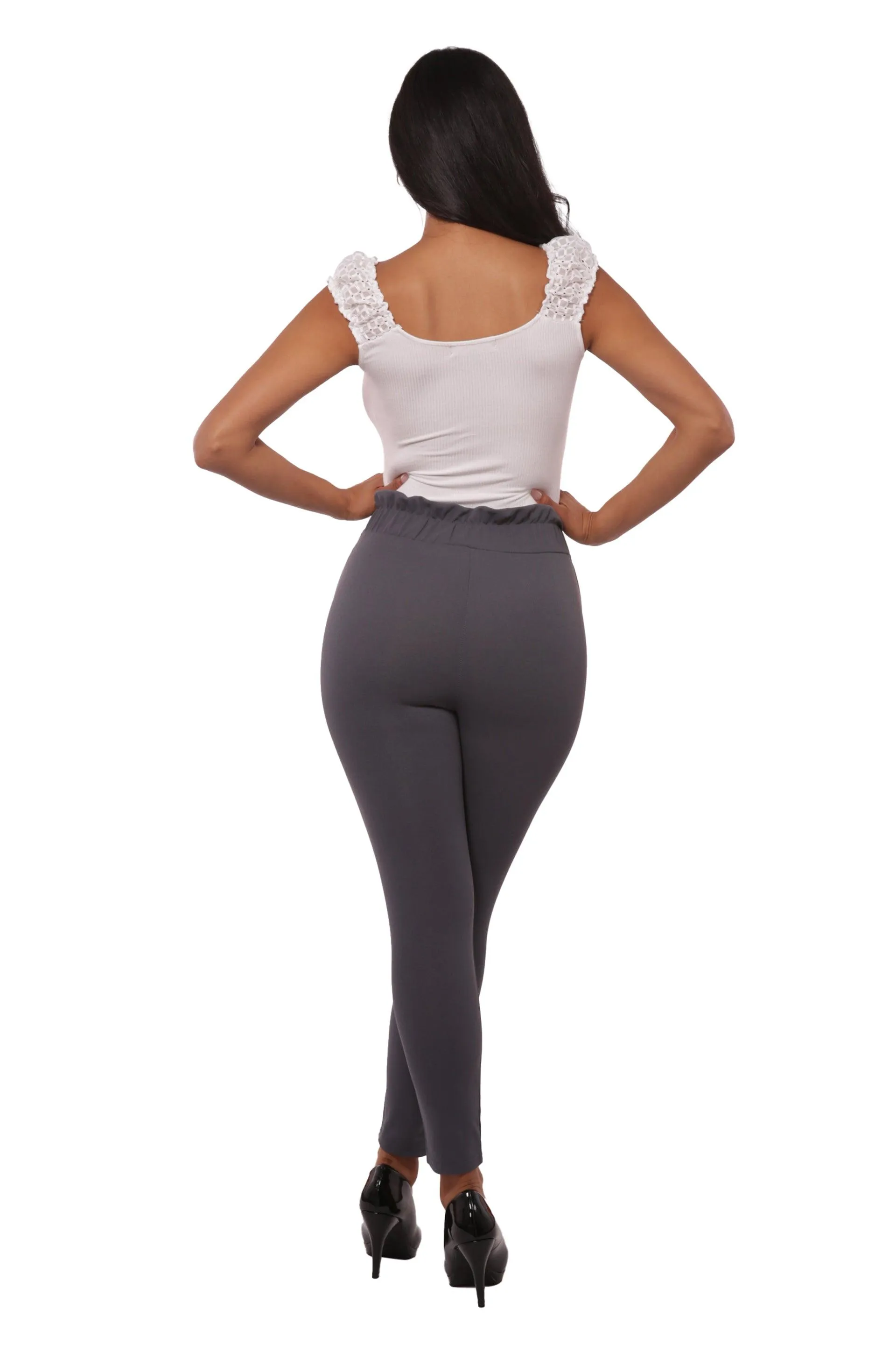 Paperbag Waist Slim Fit Pants With Self Tie - Charcoal