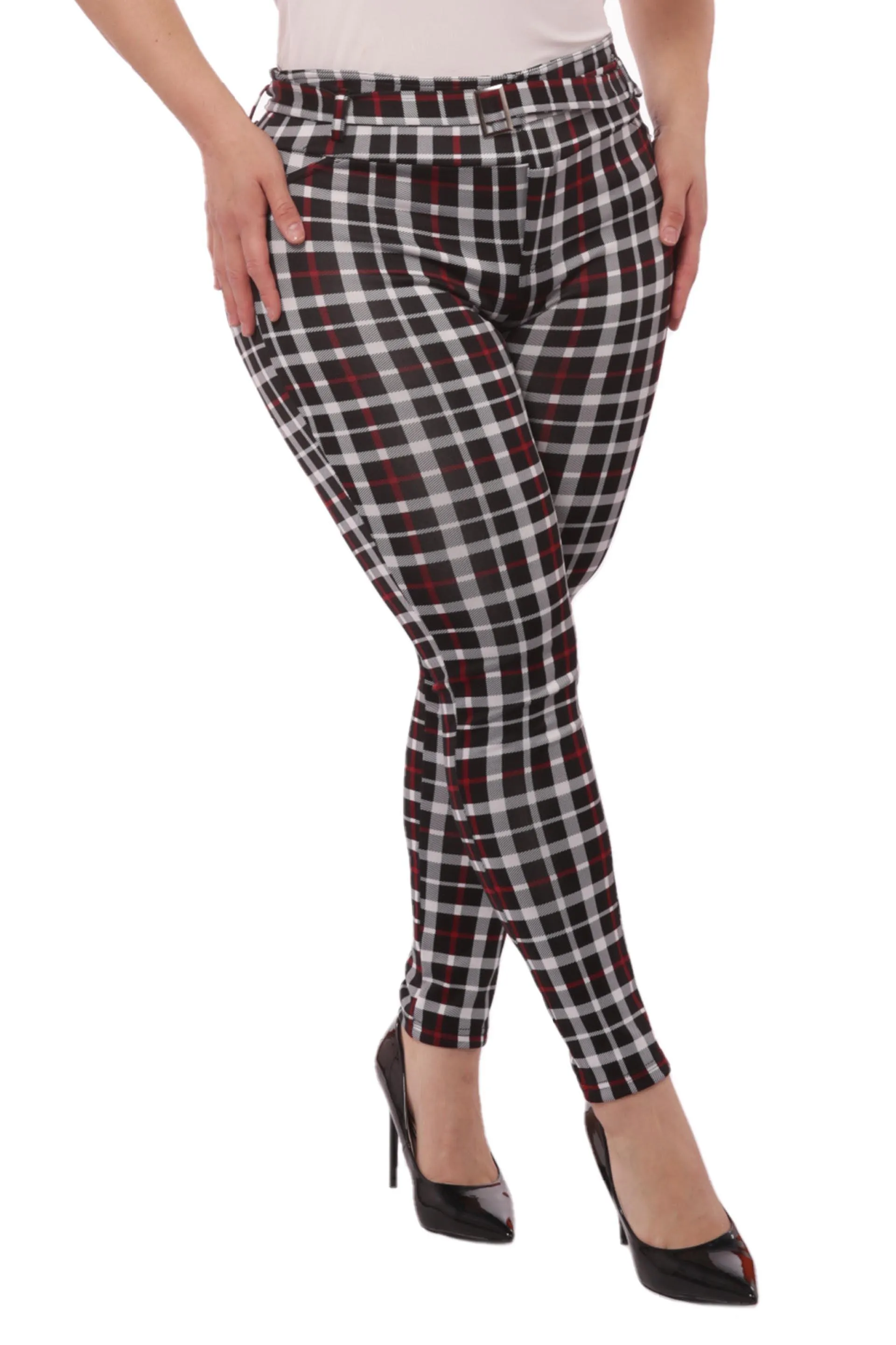 Plus Size Treggings With Self Belt - Red & Black Plaid