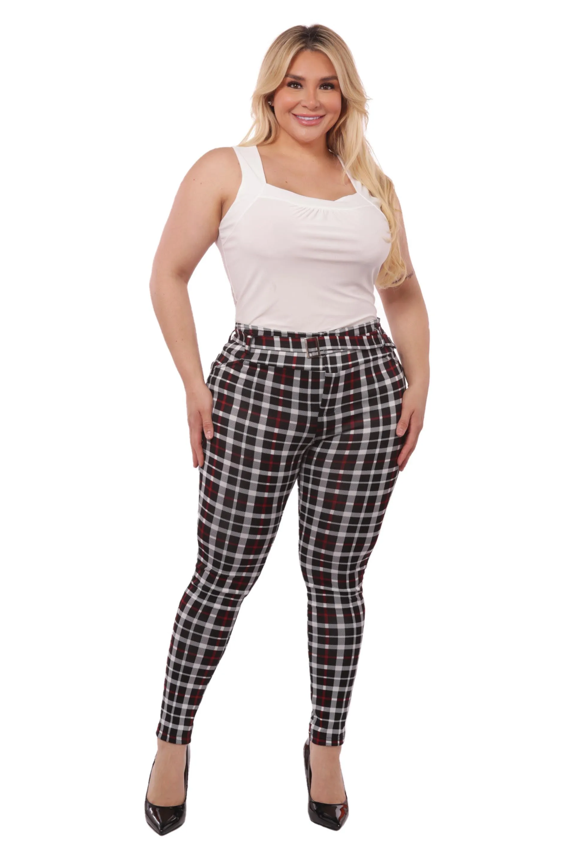 Plus Size Treggings With Self Belt - Red & Black Plaid