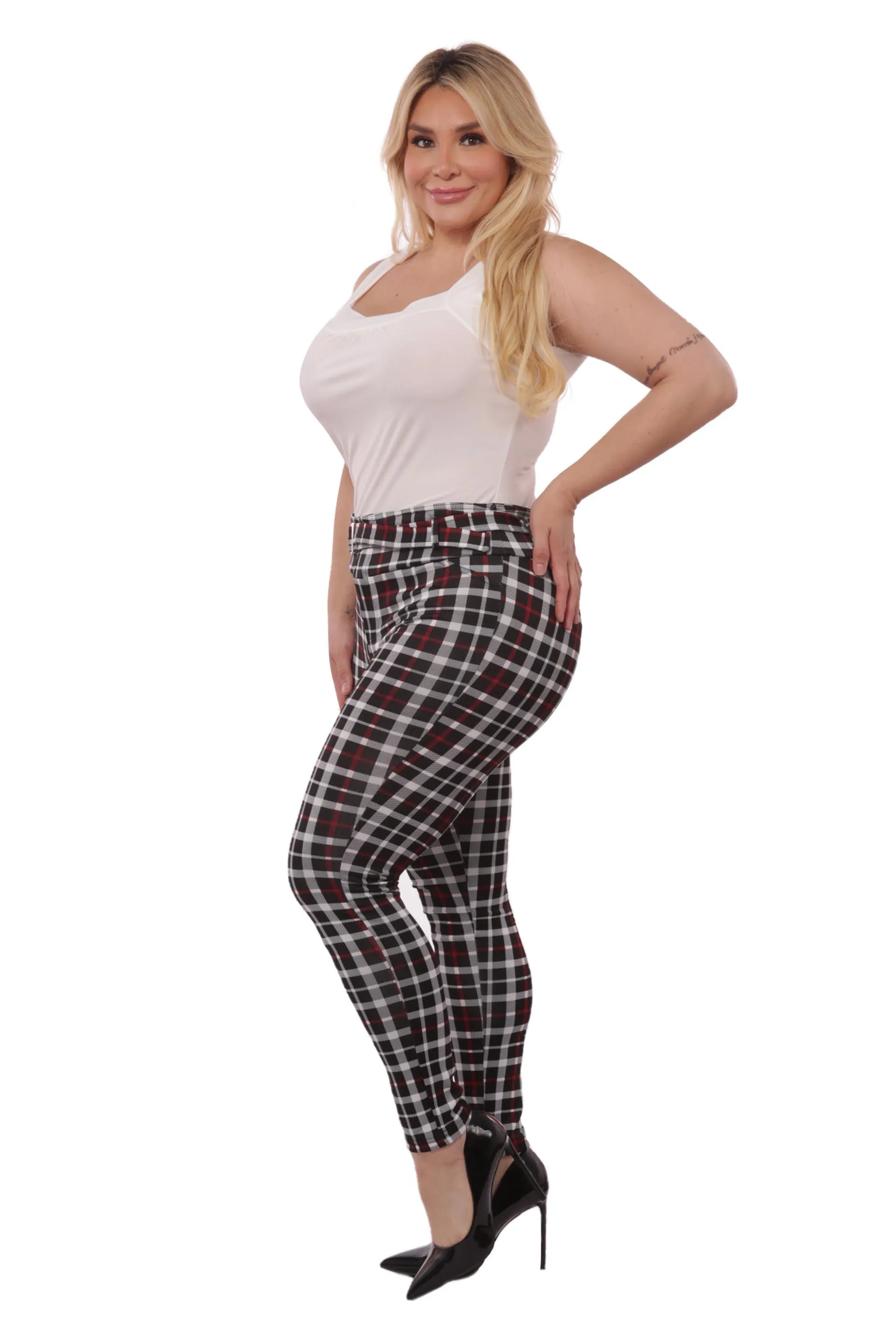 Plus Size Treggings With Self Belt - Red & Black Plaid