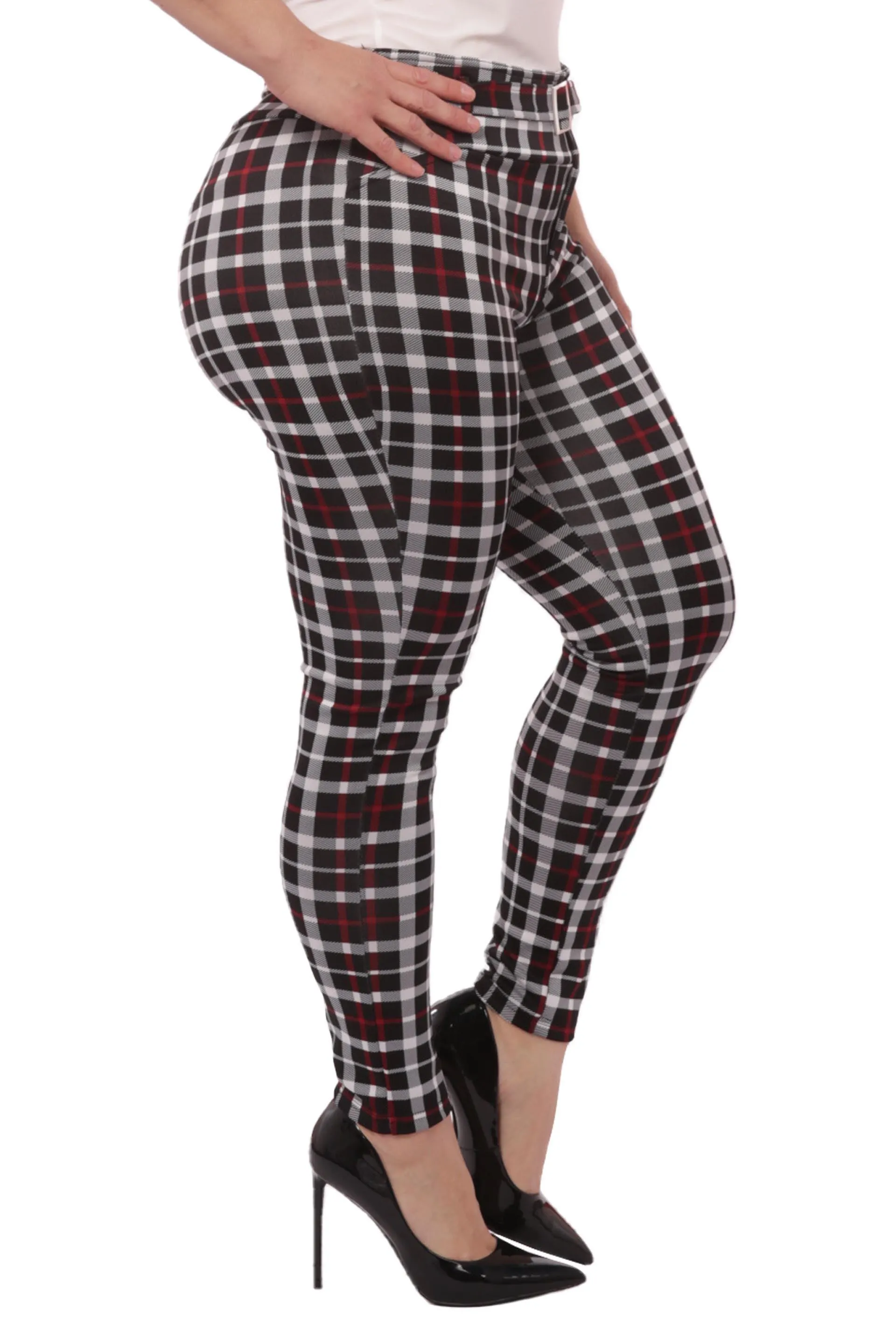 Plus Size Treggings With Self Belt - Red & Black Plaid