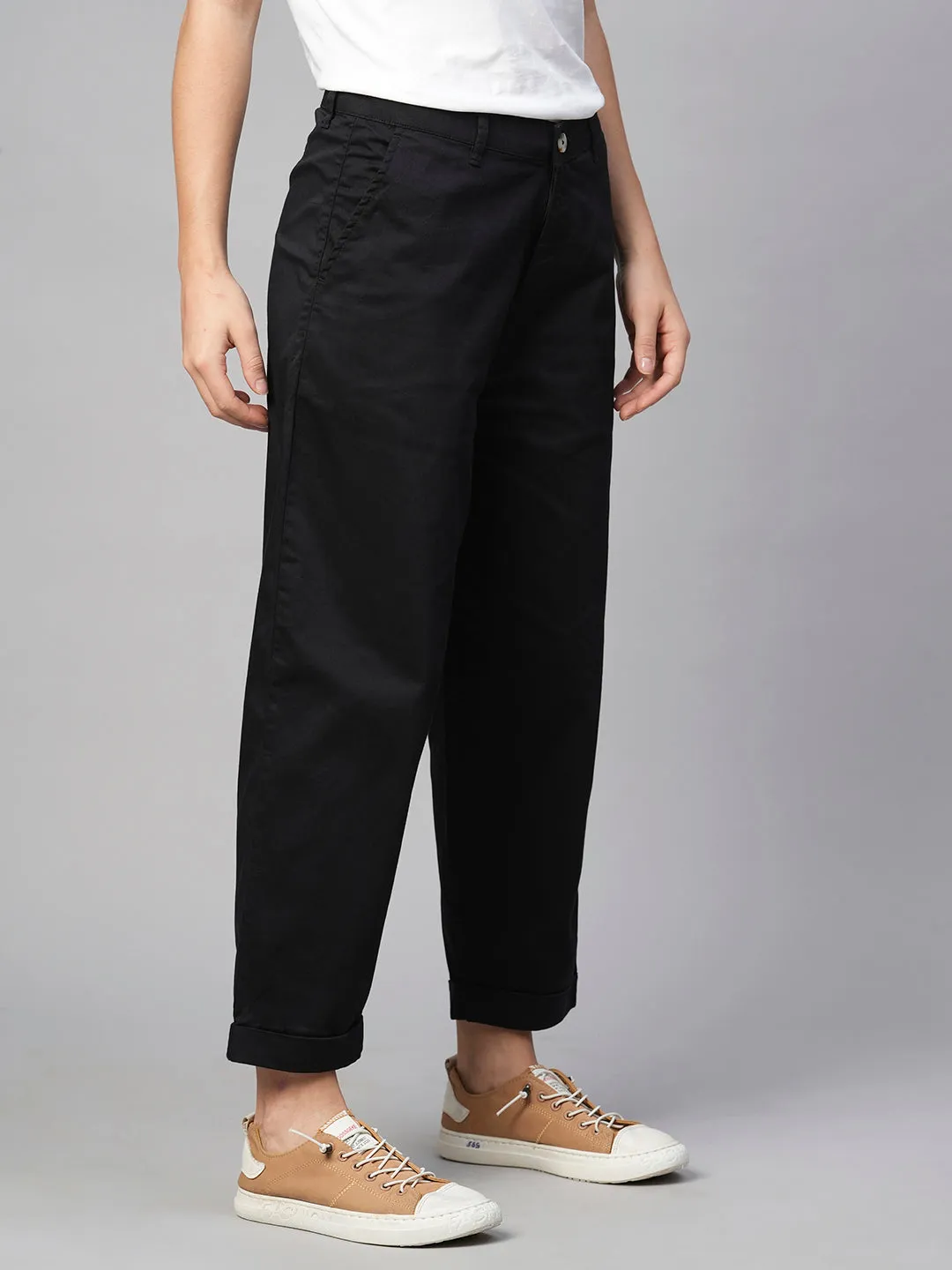 Women's Black Cotton Elastane Loose Fit Pant