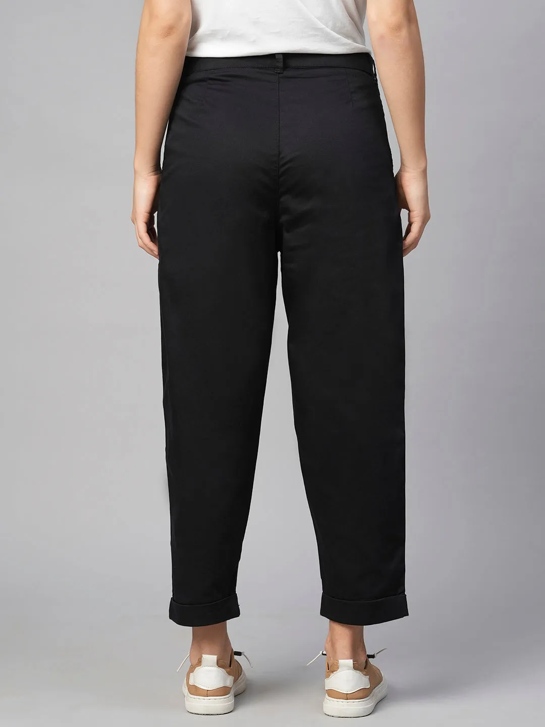 Women's Black Cotton Elastane Loose Fit Pant