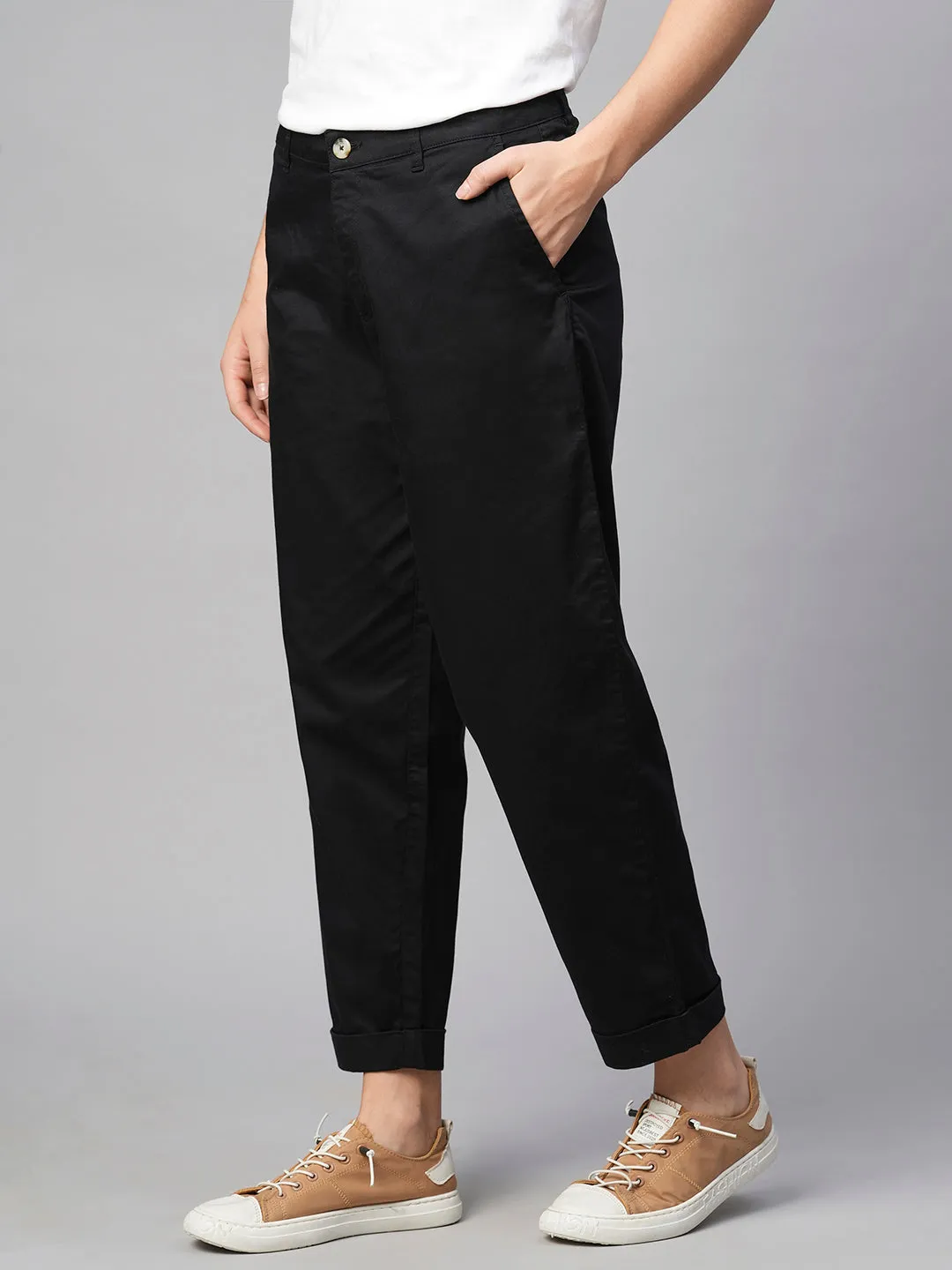 Women's Black Cotton Elastane Loose Fit Pant