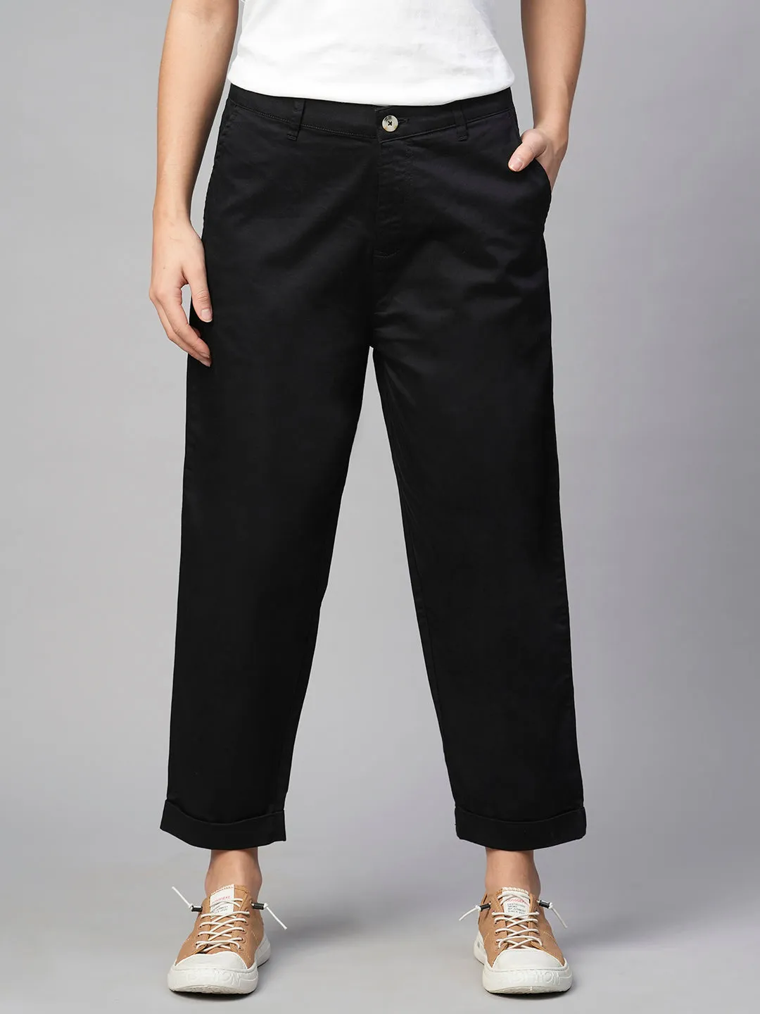 Women's Black Cotton Elastane Loose Fit Pant