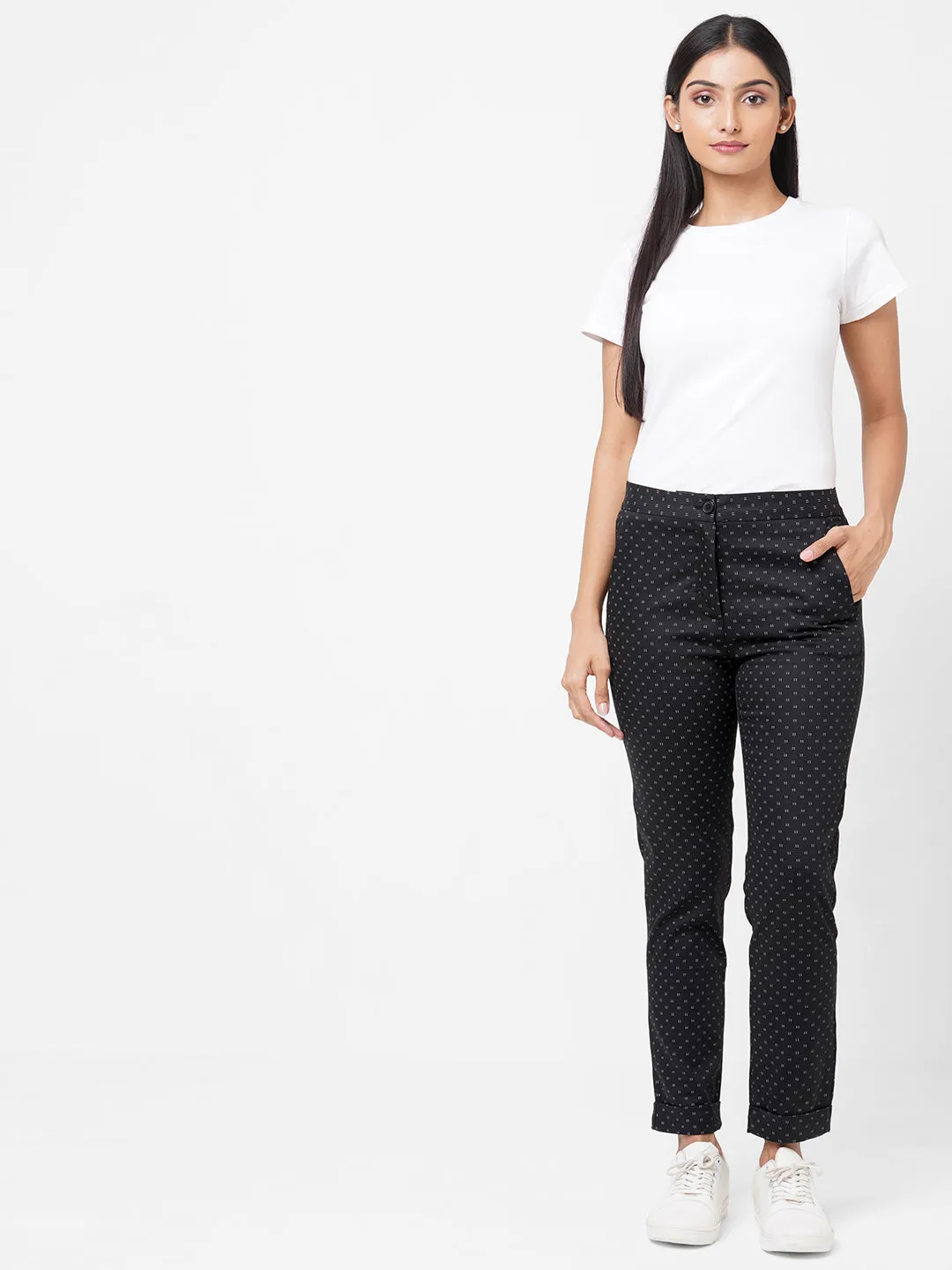 Women's Black Cotton Lycra Slim Fit Pant