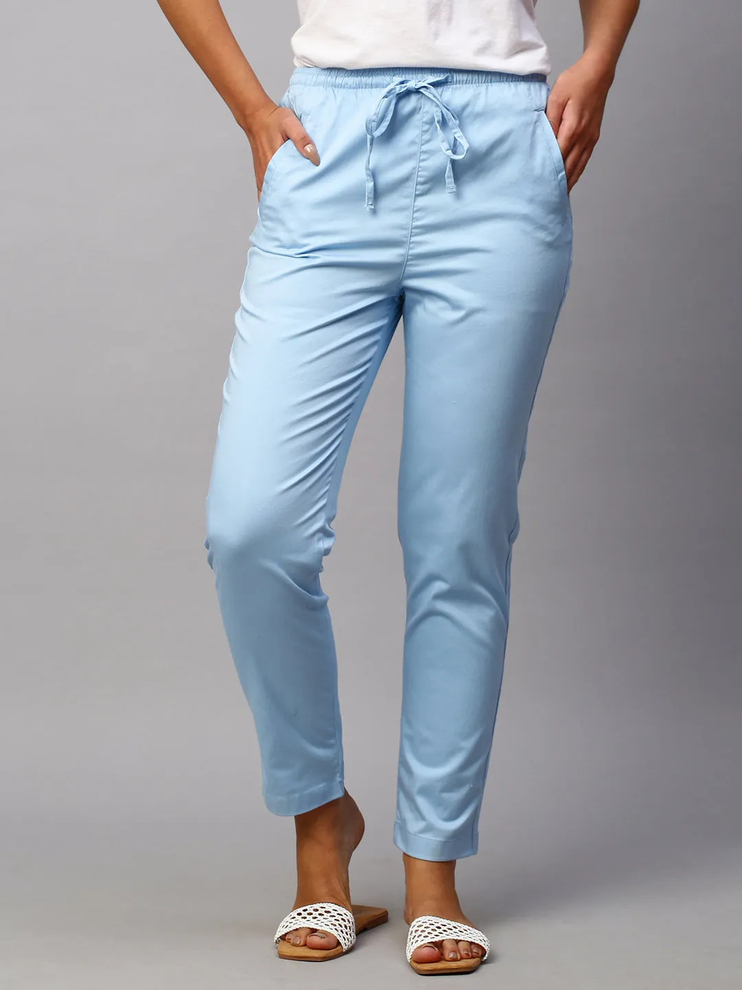 Women's Blue Cotton Lycra Regular Fit Pant